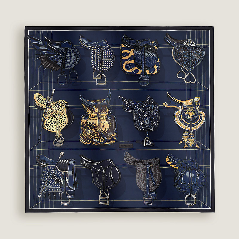 Tous en Selle embroidered scarf 90 - Blue | Hermès Mainland China